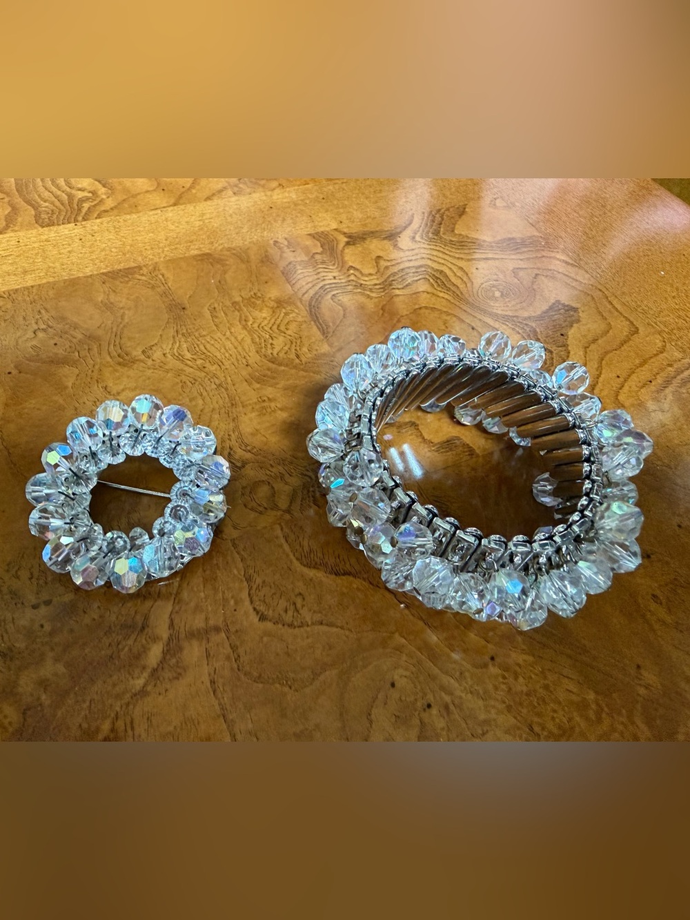 Crystal Bead Stretch Bracelet and Brooch - Clear Sparkle